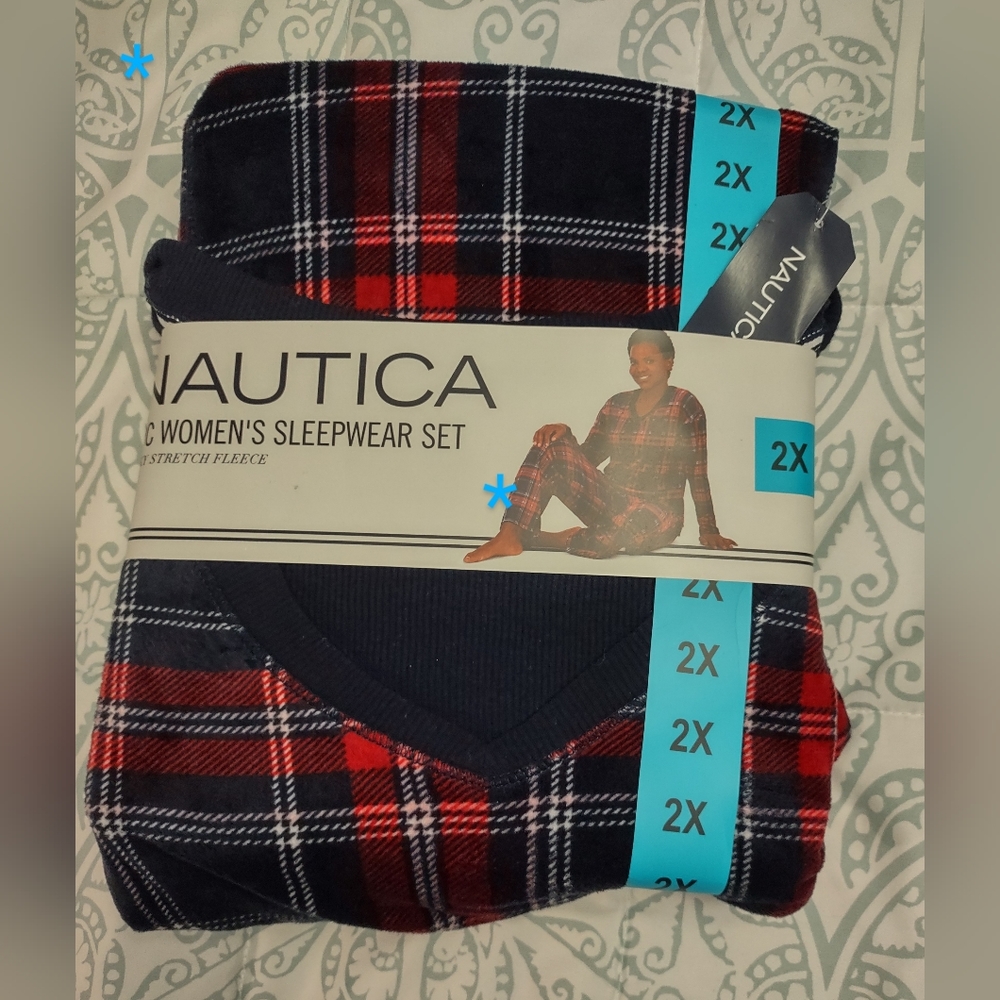 Nautica Women's Sleepwear Set 2 PC Stretch Fleece in Red & Navy Plaid. 2X. NWTs